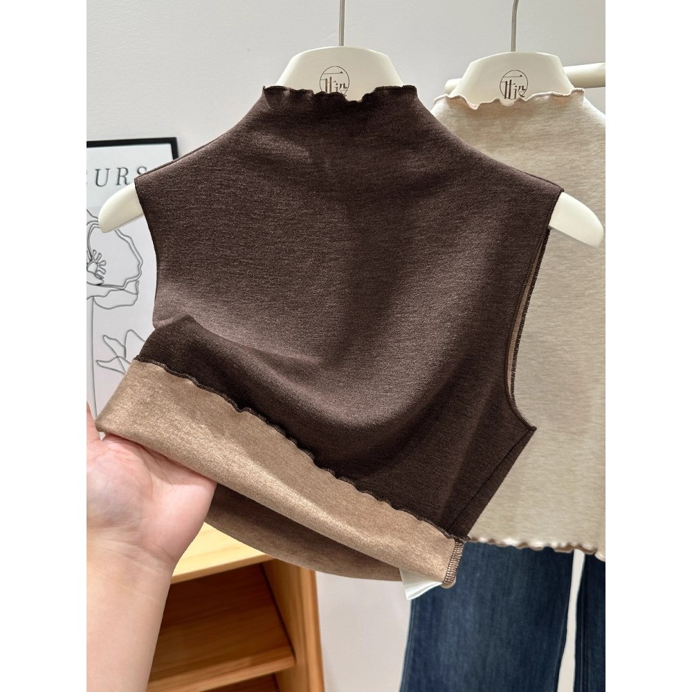 Camisa de fundo escovada dupla face feminina outono inverno quente interior fungo borda meia gola alta sem mangas colete