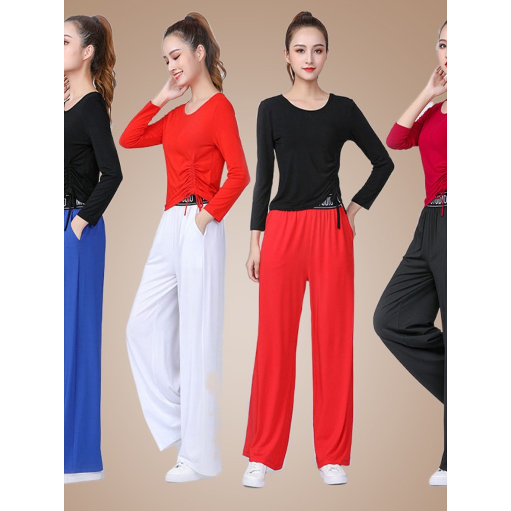 Traje de dança quadrada novo estilo terno feminino primavera verão Modal manga comprida calças de perna larga grupo espo