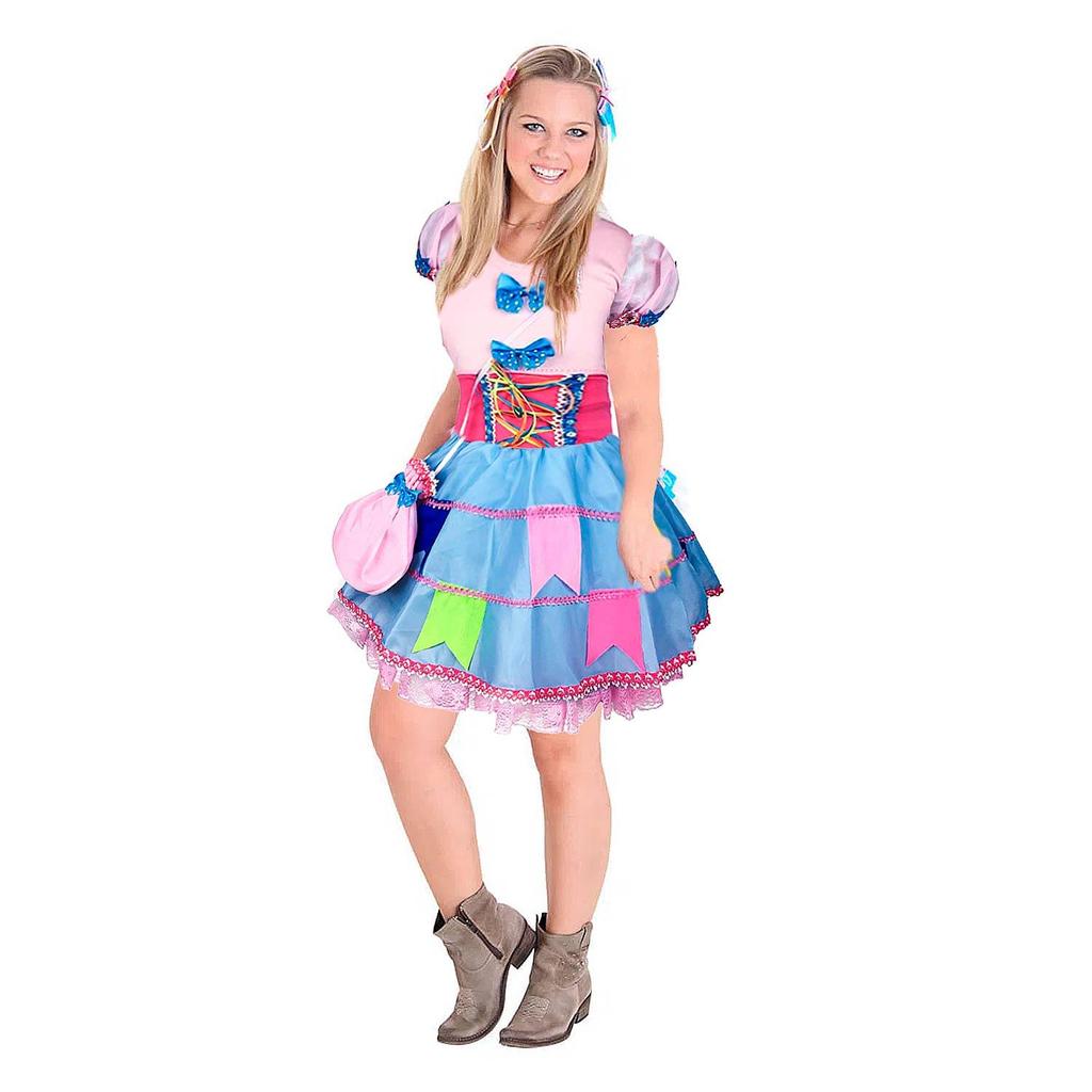 Vestido Festa Junina Feminino Com Espartilho Bandeirinhas e bolsa
