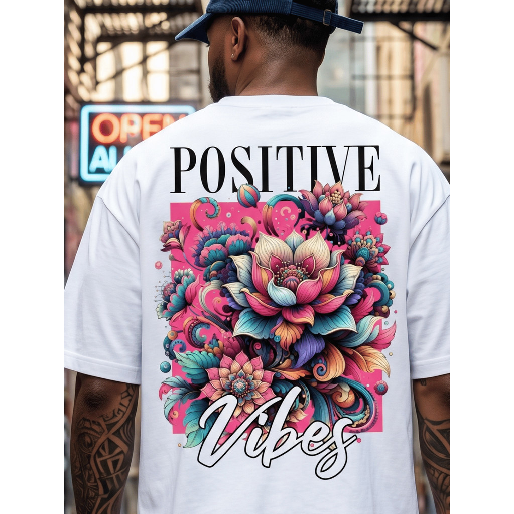 Camiseta Masculina Positive Vibes Oversized Estampada Manga Curta Streetwear T-Shirt Masculino Good Vibrations