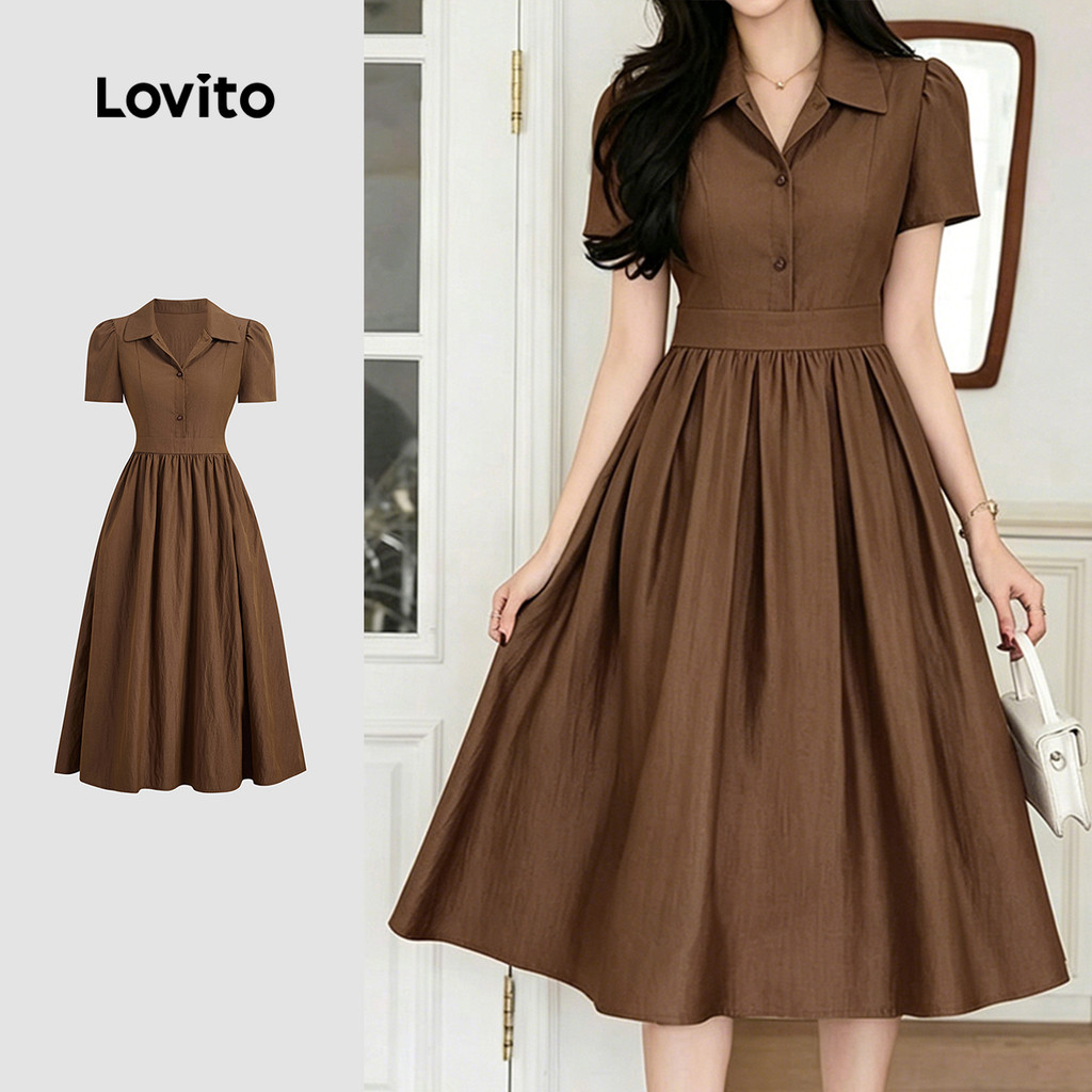 Lovito Elegante Vestido Drapeado Delicado Ajuste Justo Pregas Botões Primavera/verão Marrom Feminino L243AD1875