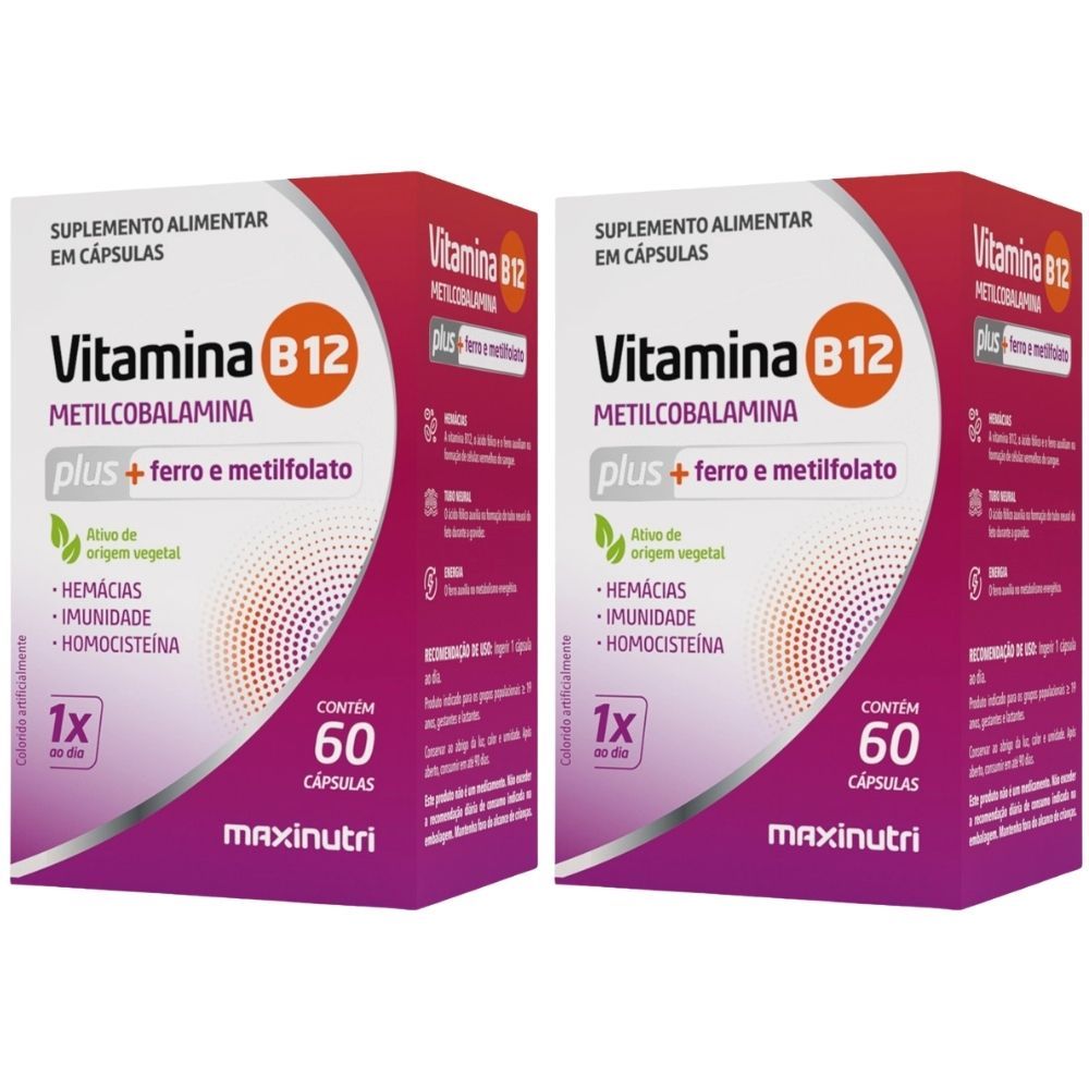 KIT 2X Vitamina B12 PLUS (Metil + Ferro + Ácido Fólico) 60 cáp - Maxinutri