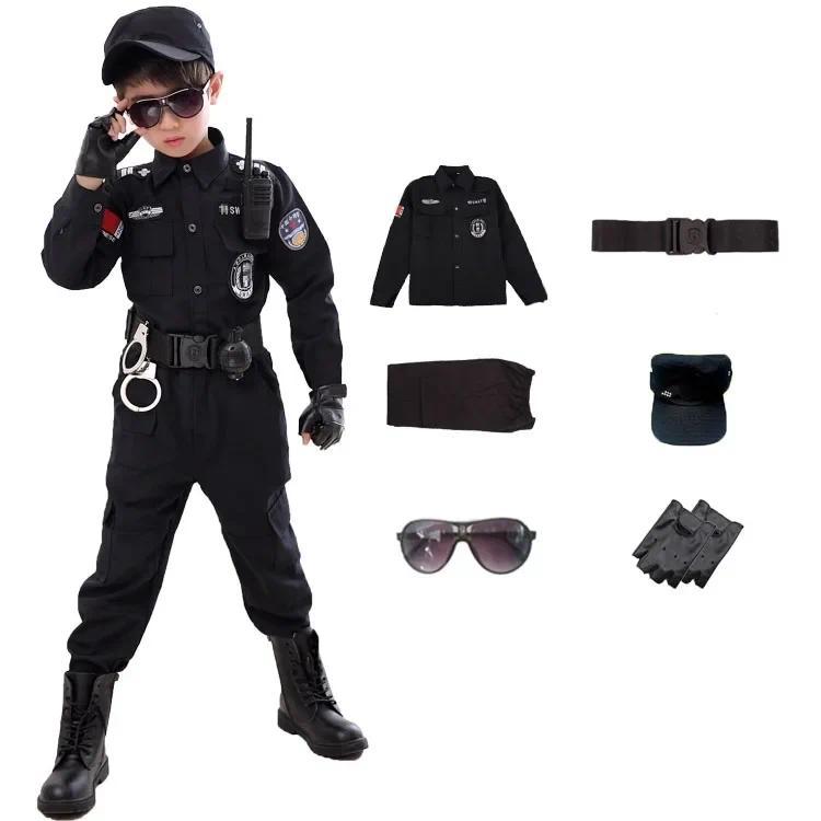 SWAT Crianças Halloween Policial Cosplay Trajes Carnaval Uniforme De Polícia 110-160cm Meninos Exército Soldado 7 Pçs/Se