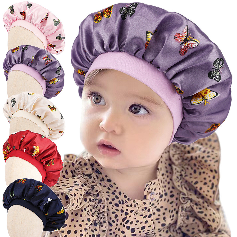 Touca de dormir de cetim para crianças, touca protetora de cabelo com estampa de borboleta, touca de banho para bebês