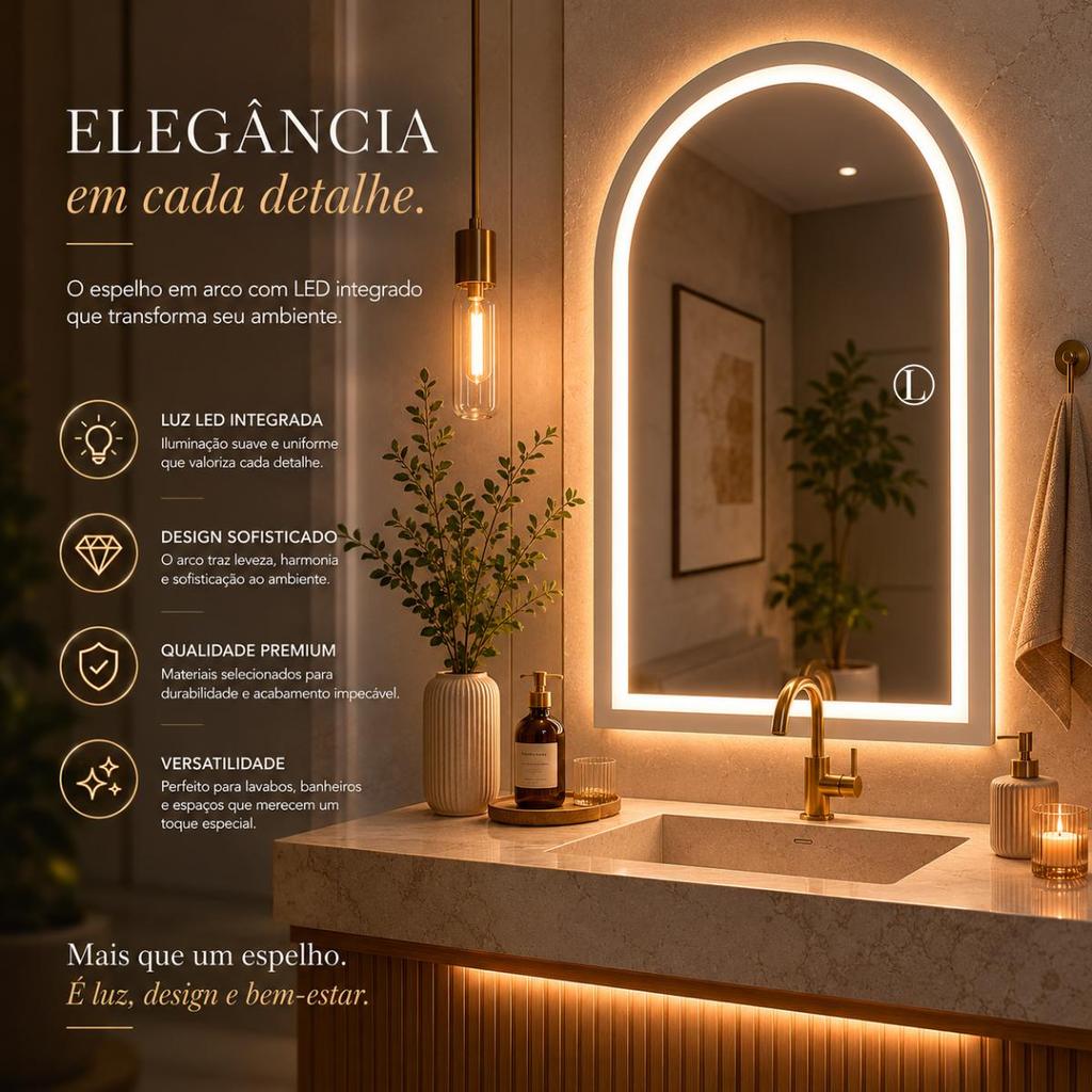 Espelho Lopazzi Oval Jateado 3 Cores De Led Botão Touch 90x60cm para Maquiagem