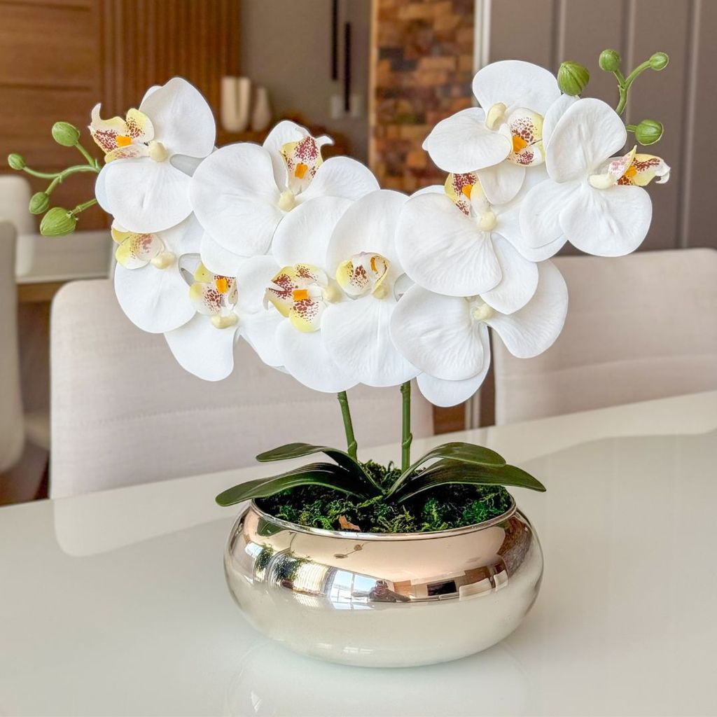 Arranjo de Orquídea Artificial em Vaso de Vidro Prata Decorativo Sala Lavabo Aparador