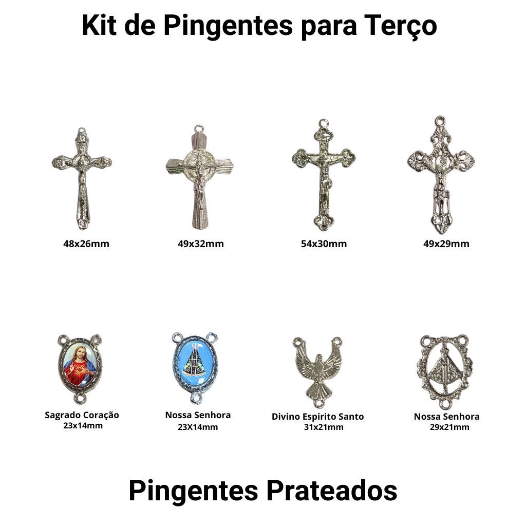 Kit 8 Pingentes Prateados Crucifixo e Entremeio para Montagem de Terço Tamanhos e Modelos Variados