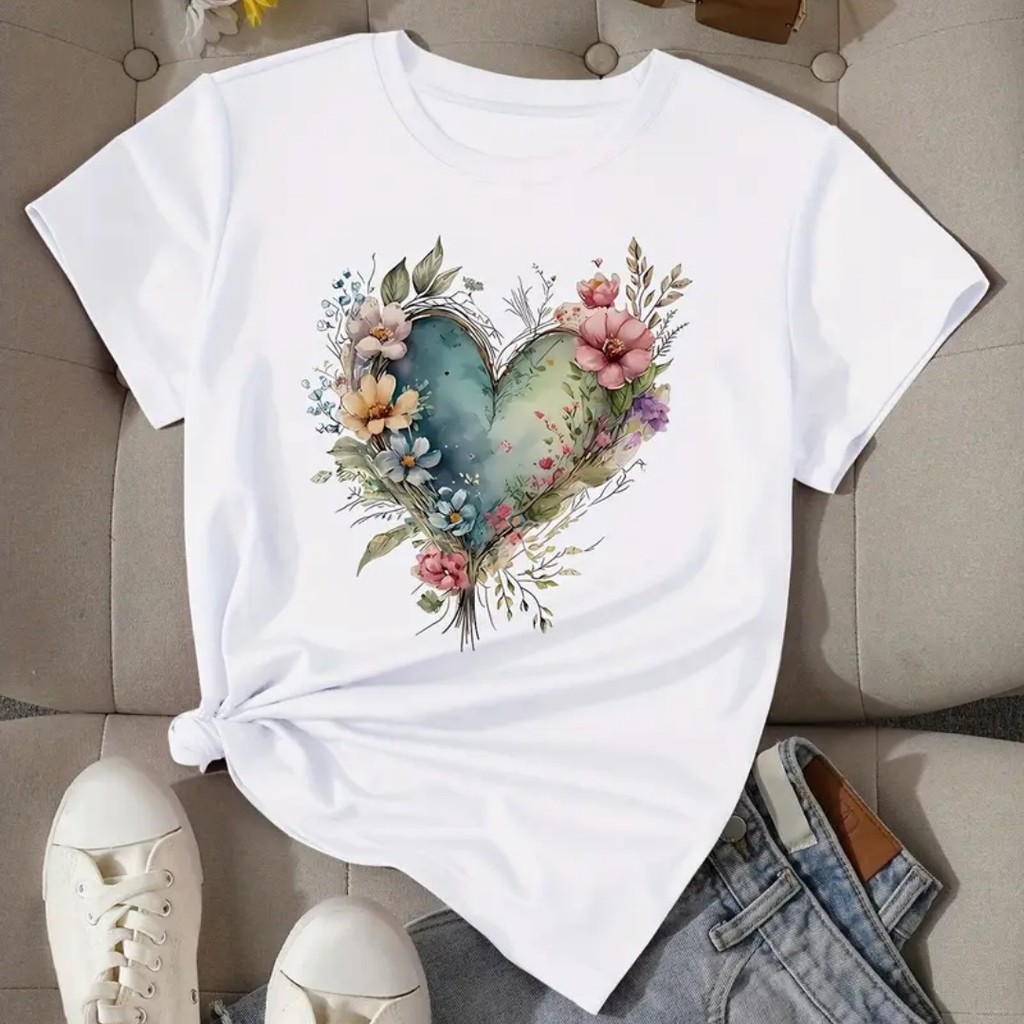 Camiseta con estampado de corazones,top informal de manga corta con cuello redondo para verano y primavera,ropa de mujer