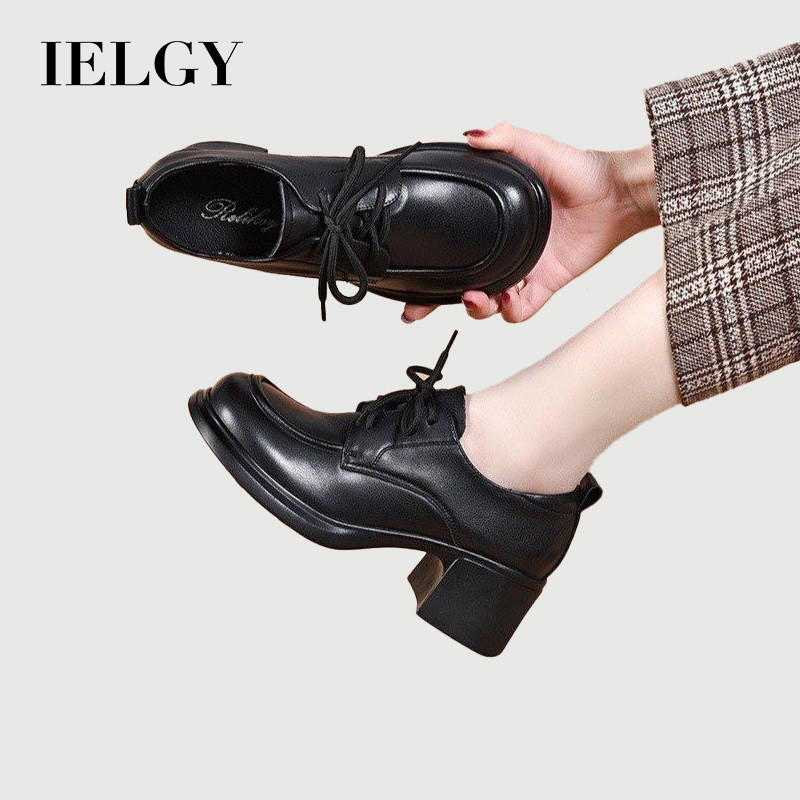 IELGY 2026 Sapatos De Couro Com Salto Redondo E Bloco Feminino Cadarço Médio , M
