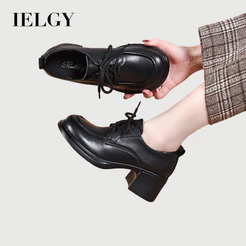 IELGY 2026 Sapatos De Couro Com Salto Redondo E Bloco Feminino Cadarço Médio , Mocassins Universitários