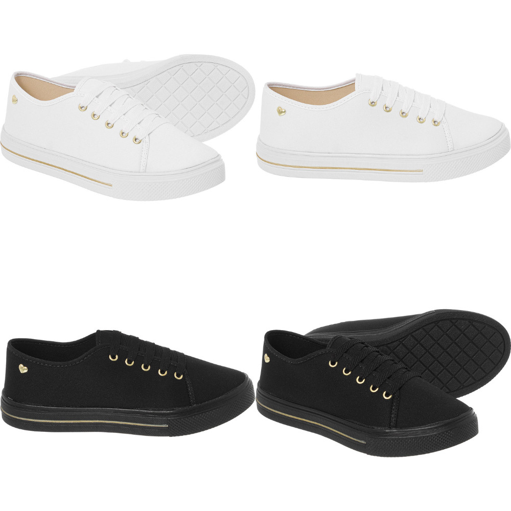 Kit 2 Tênis Feminino Pingente Coração Casual Confortável Dourado em Oferta na Shopee