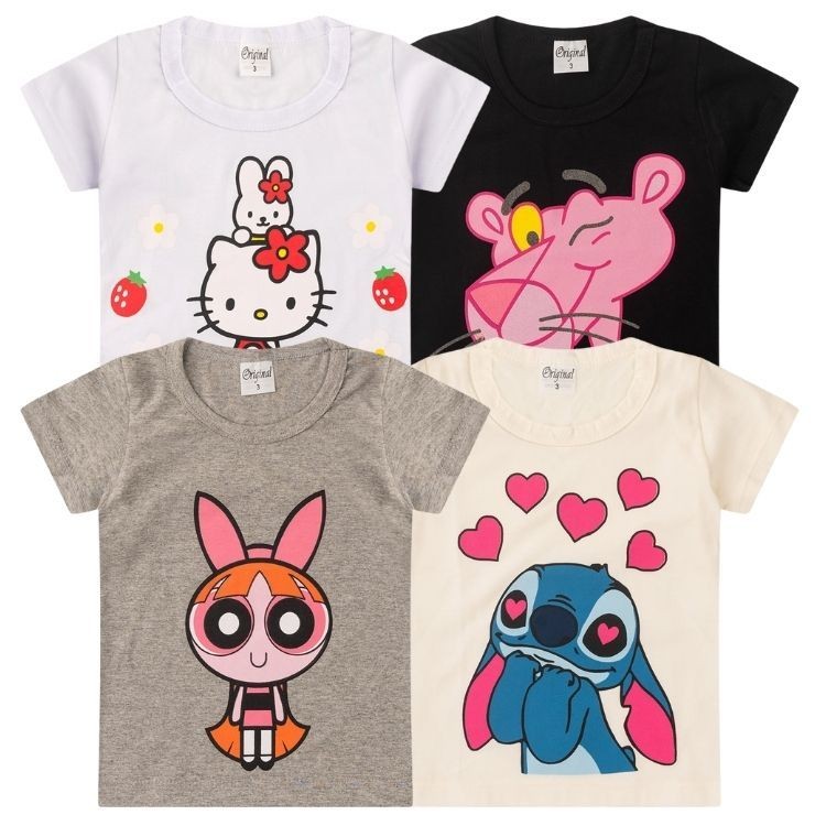 Kit Sortido 04 Blusas Femininas Estampadas do 03 ao 16 Anos Infantil Juvenil Manga Curta Menina