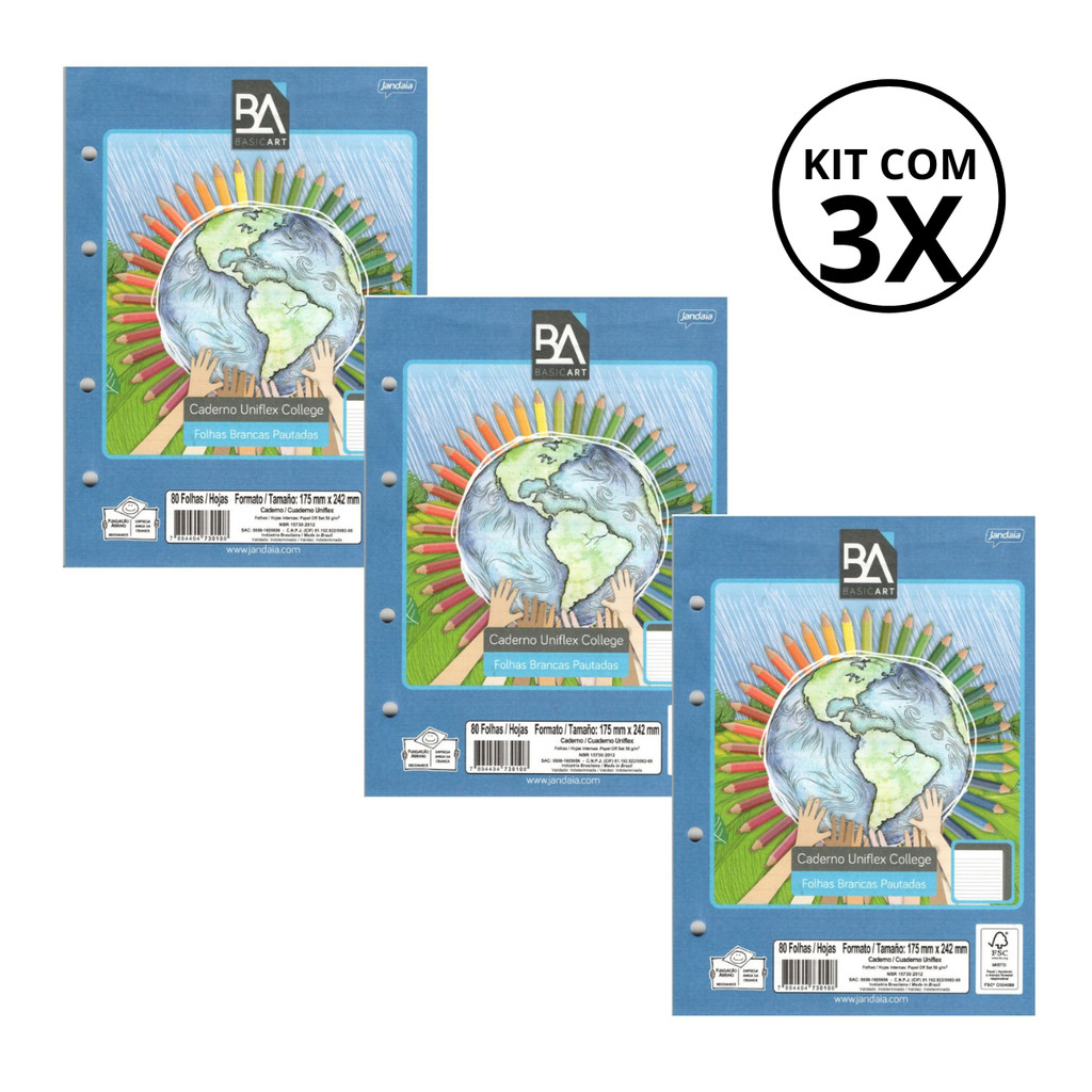 Kit 03 Refil Para Caderno Argolado Colegial 80 Folhas 56g/m² - JANDAIA