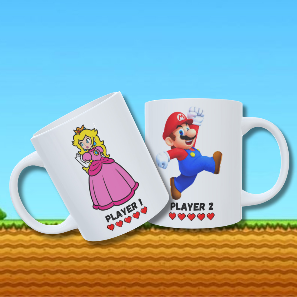 Kit 2 Canecas Player 1 Player 2 Casal Namorados Gamer Mario Bross Princesa Jogo Nintendo Presente