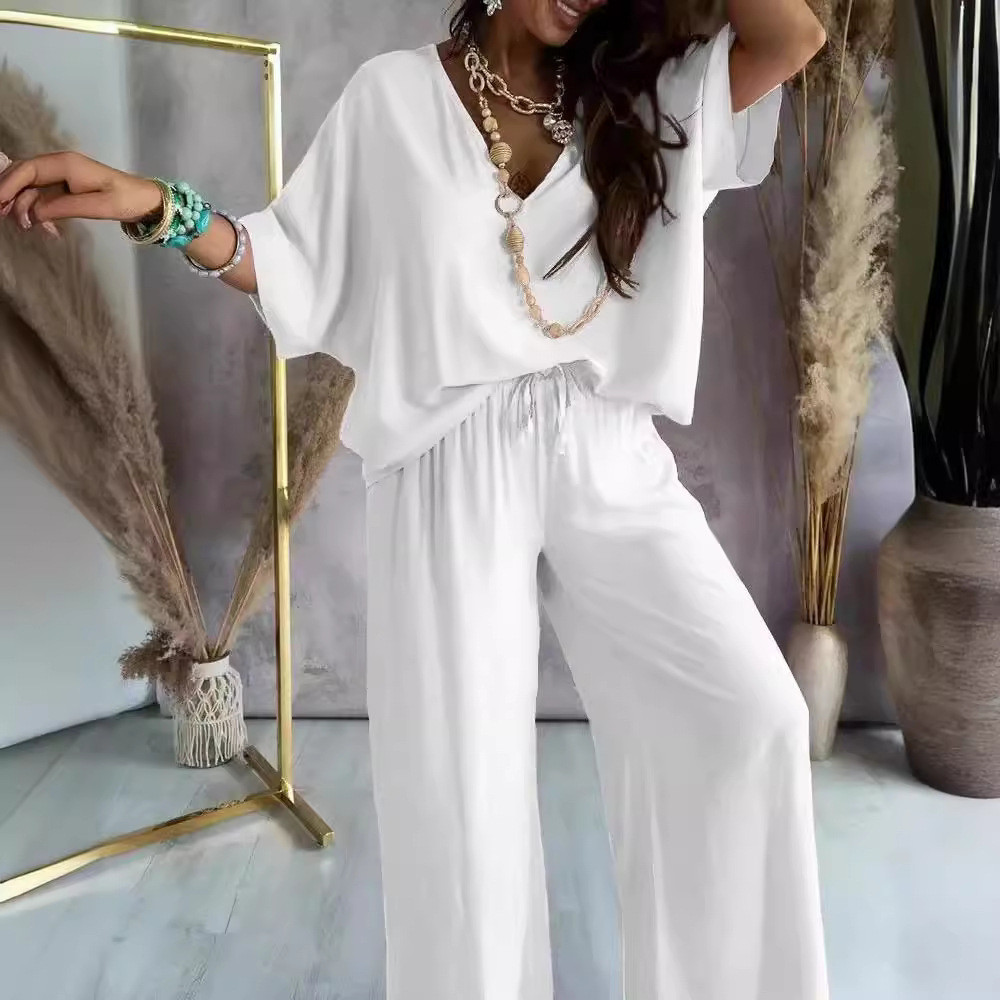 2025 Com Decote Em V Manga Morcego Cor Sólida Casual Solto E Elegante Calças De Perna Larga Conjunto Para Mulheres Novo 