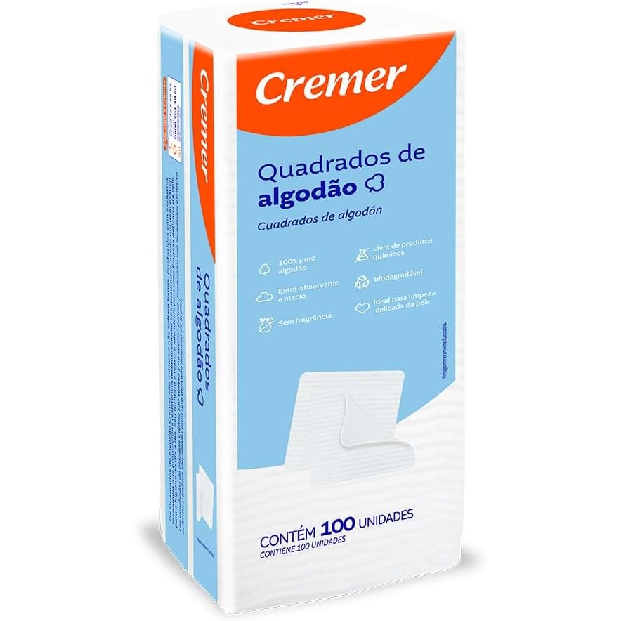 Algodão Quadrado sem Fragrância 100 unidades Cremer