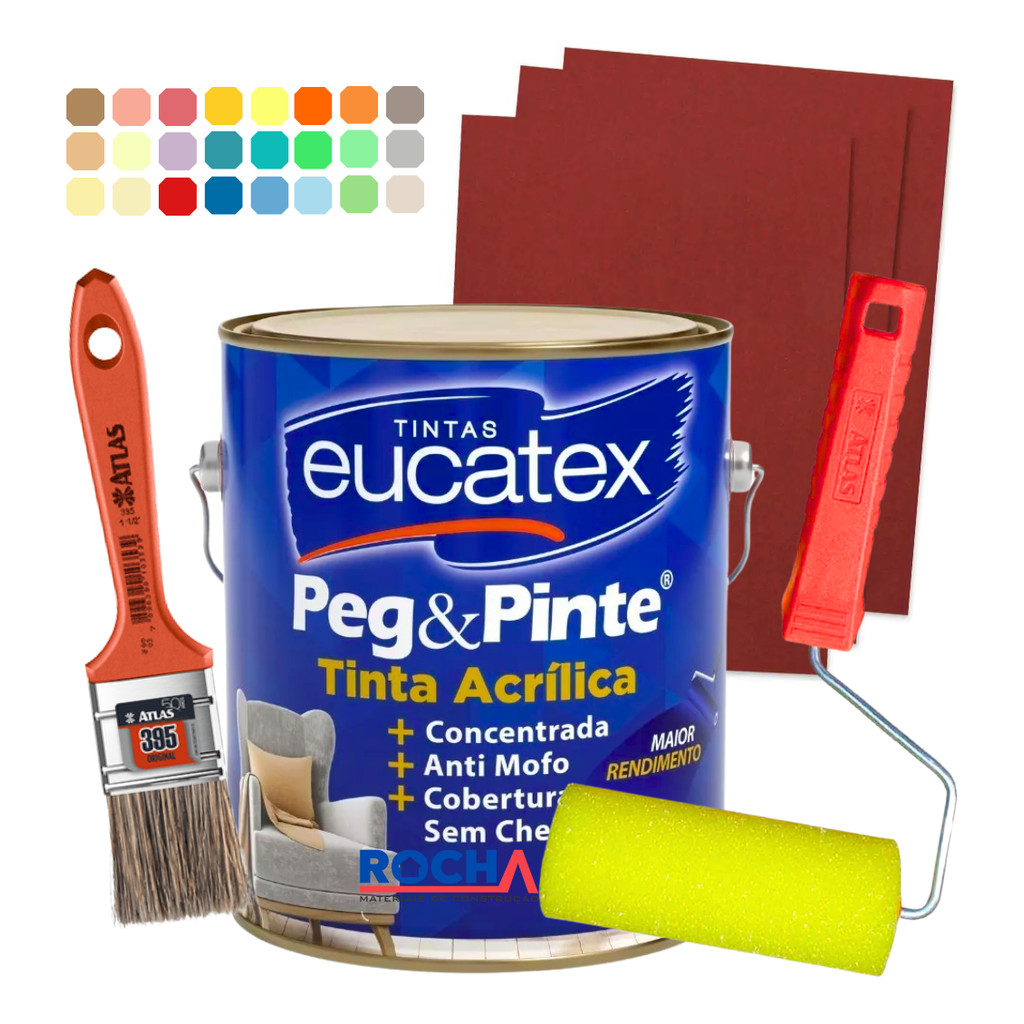 Kit Tinta Acrílica Peg E Pinte Cores 3,6l + Rolo Pincel Lixa Pintura de Parede Anti Mofo