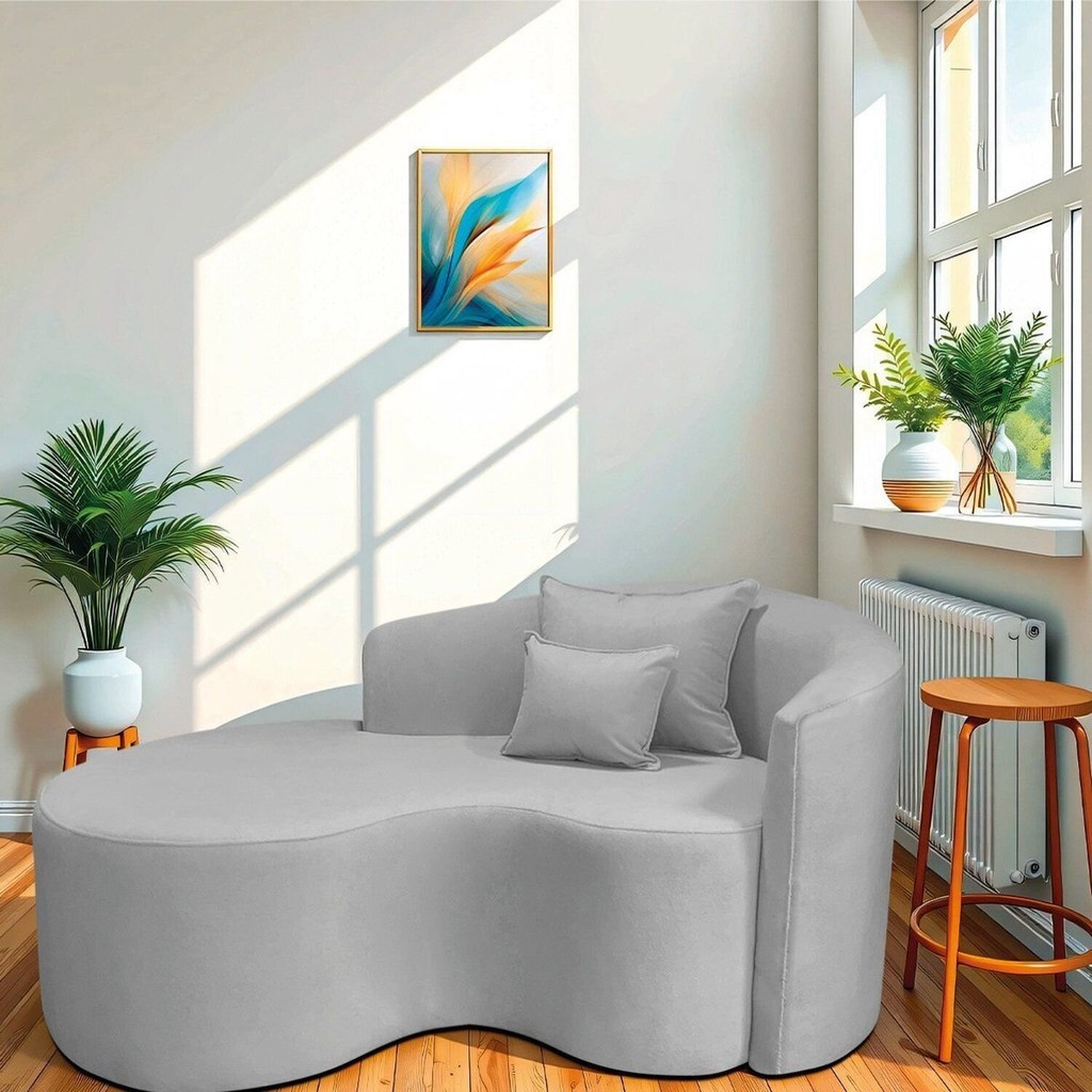 Recamier Curvo Orgânico 150cm 2 Lugares Lado Esquerdo para Sala de Estar Linho Londres Cinza Claro Cinza/Claro