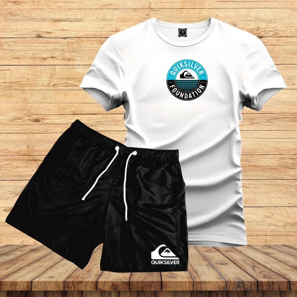 Conjunto Kit Camiseta Algodão Quik S 03 + Short Moda Praia Tactel Preto