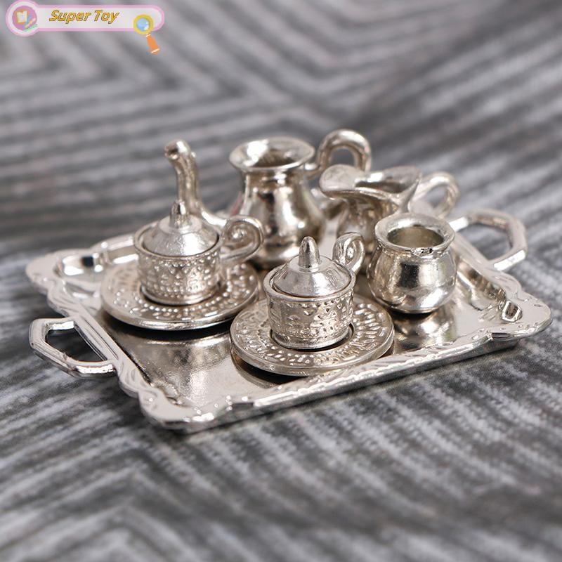 SUPERTOY 10 Peças 1/12 Casa De Bonecas Em Miniatura Prata Metal Chá Bandeja De Café Conjunto De Talheres Quente em Oferta na Shopee