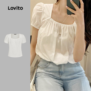 Lovito Blusa Bonita Frunhida Clássica Versátil Primavera/Verão Branca Para Mulheres L150AD794 em Oferta na Shopee