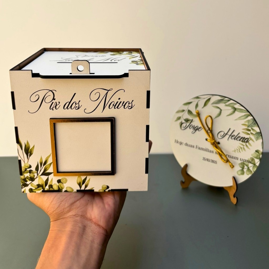 Kit Porta Aliança Personalizado Verde Oliva + Caixa PIX para Casamento