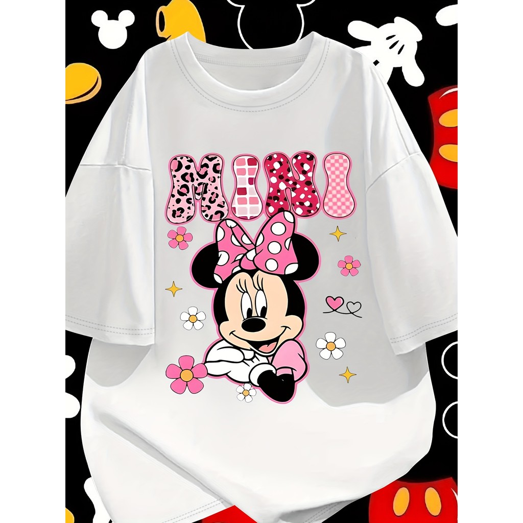 Camiseta Feminina Casual De Verão Em Algodão Confortável Com Estampa Fofa Do Mickey Mouse E Meias De Bolinhas