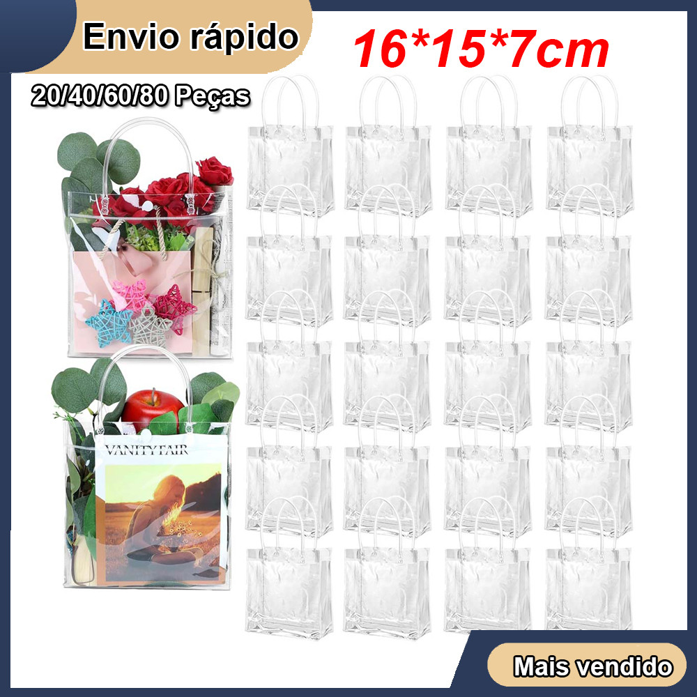20/40/80pçs Sacos de Presente de Plástico Transparente Com Alças 16*15*7cm Sacos de Embrulho Presente PVC Reutilizáveis em Oferta na Shopee