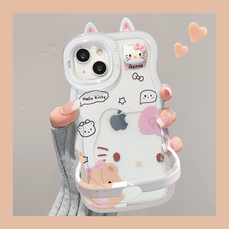 Capa com suporte para boneca HelloKitty com orelhas de gato, iPhone 11 16 15 14 13 12 Pro Max Plus XS XR