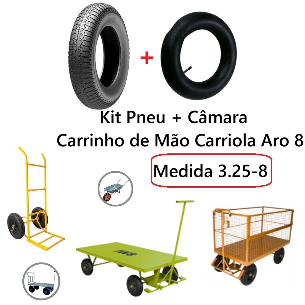 Kit Pneu e Câmara para Carrinho de Mão Carriola Aro 8 – Medida 3.25-8, Durabilidade e Desempenho