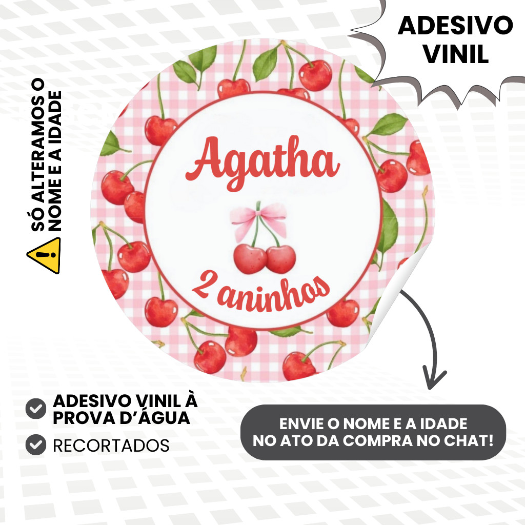 Adesivo Vinil 4x4cm Personalizado Cerejinha para Lembrancinhas de Aniversário Infantil