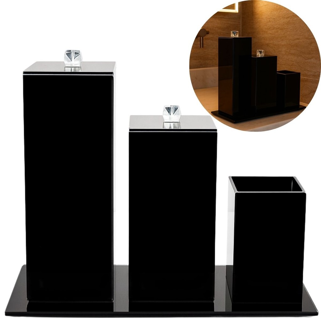 Kit Banheiro Lavabo Luxo Com Porta Escova Algodão Cotonete E Bandeja Decorativa