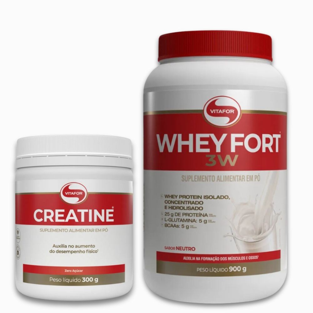 Kit Whey Fort 3W 900g Vitafor Natural + Creatina 300g Vitafor sem sabor