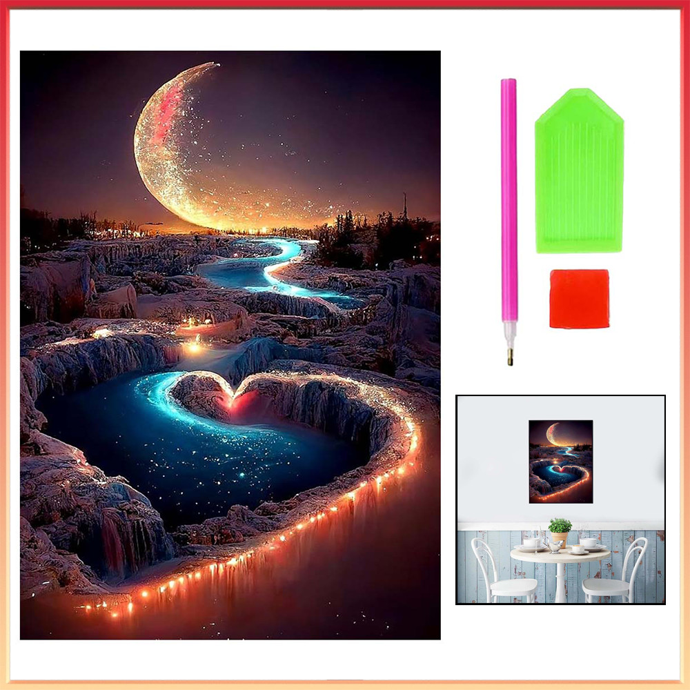 Pintura de Diamante 5D Tema Lua e Céu Estrelado 40x30cm – Céu Estrelado, Galáxia, Silencioso Noite, Correspondência