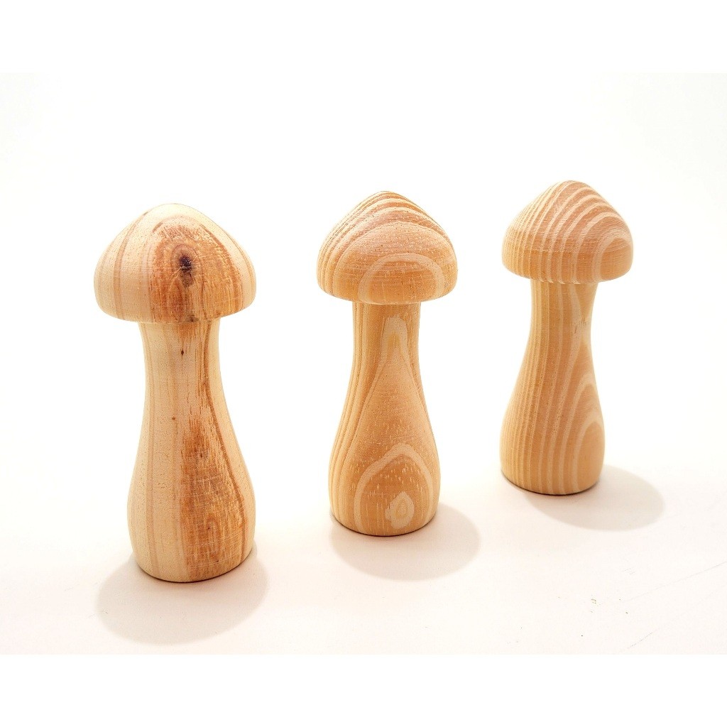 Trio Cogumelo Torneado Madeira Pinus Ref. 5 – Enfeite Artesanal para Decoração Rústica