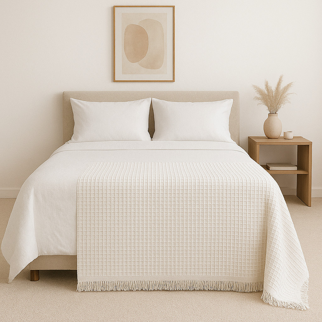 Manta Boho Elegante Algodão Piquet Cru com Franjas – Toque de Sofisticação 2,10x1,50m
