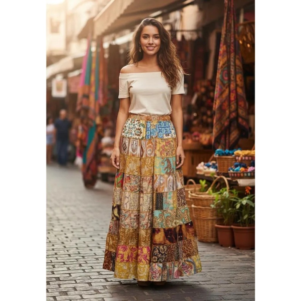 Saia Indiana de seda  Boho Patchwork em Oferta na Shopee