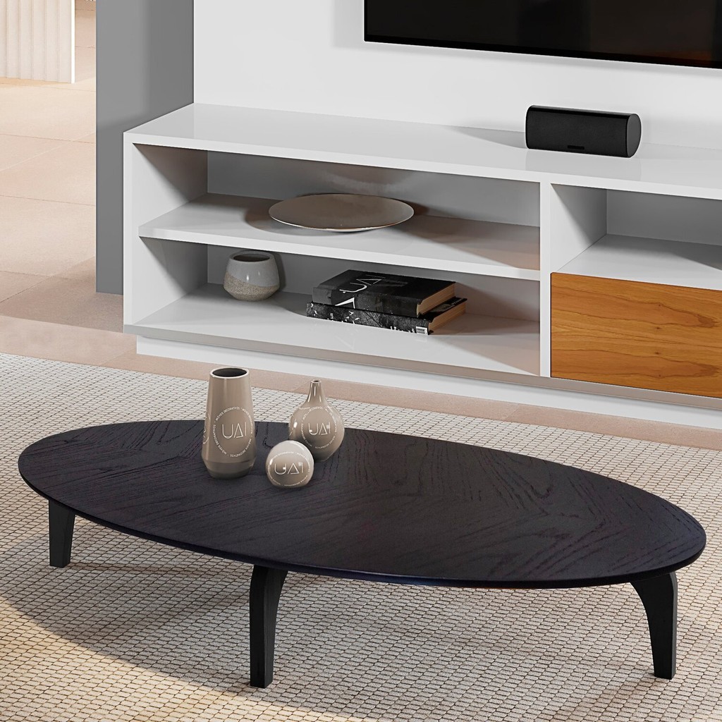 Mesa de Centro Oval Orgânico em MDF Pés Madeira Maciça Laminada 100x45cm Canada Preto em Oferta na Shopee