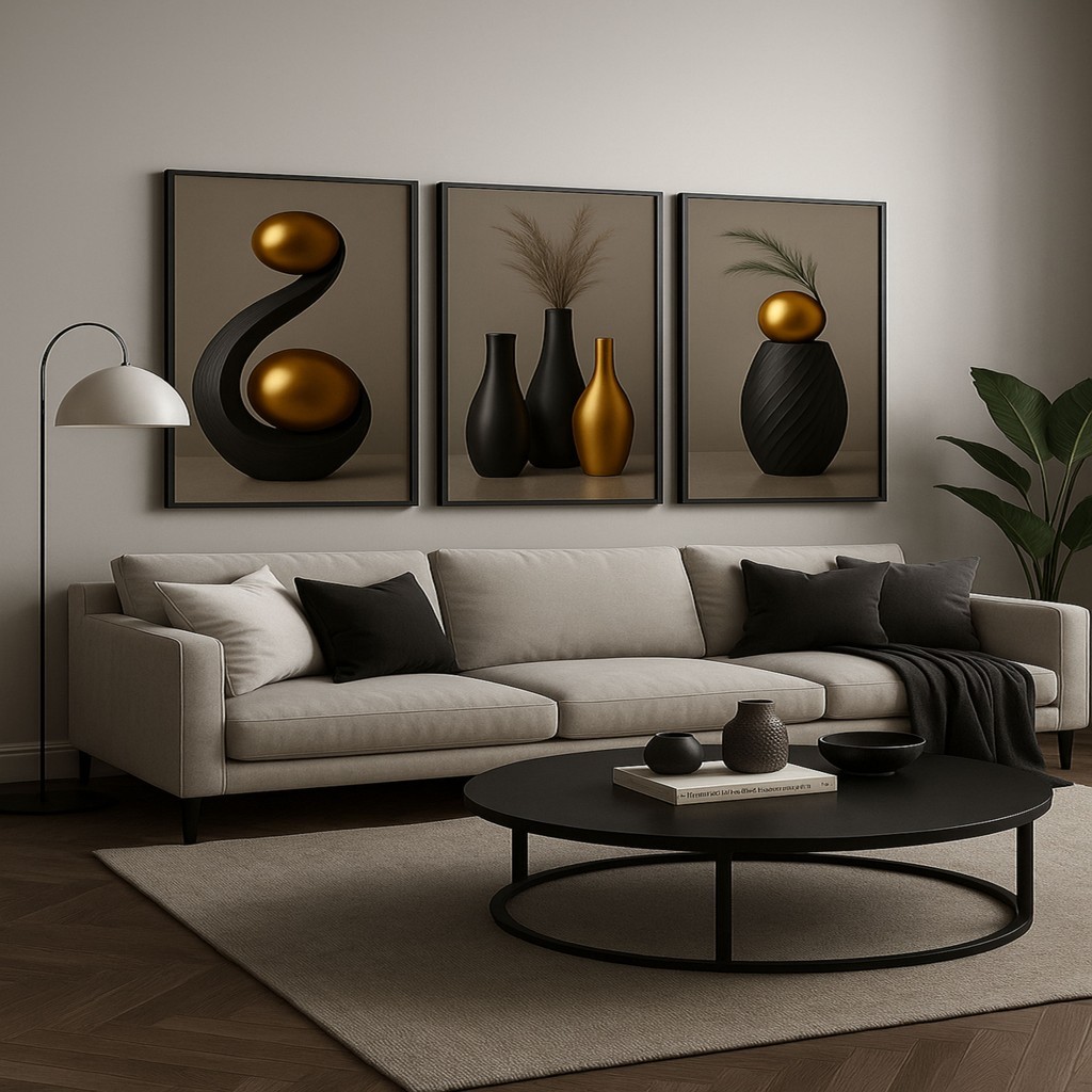 Quadros Decorativos 3 Peças Sala Decoração Geométrico Abstrato Trio Nordic Hall Escritório Casa Moderna Dourado
