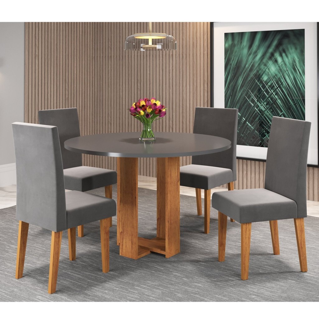 Conjunto Sala de Jantar Chiara Mesa Redonda com 4 Cadeiras Vênus Mel/Grafite em Oferta na Shopee