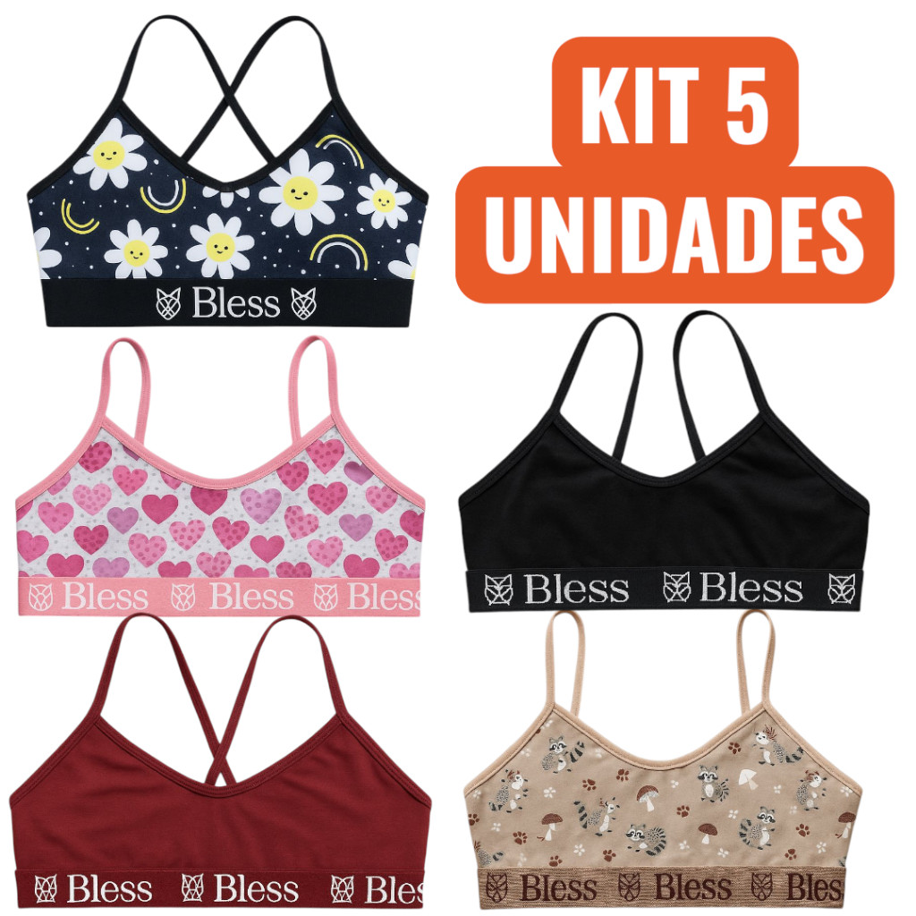 Kit 5 Top Juvenil Cotton Elástico Exposto Cores Variadas Bless Forro 100% Algodão
