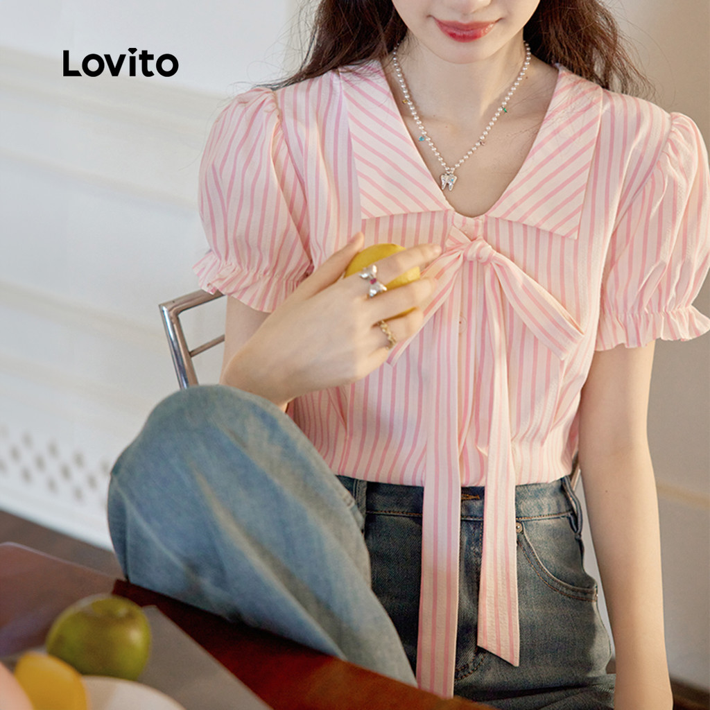 Lovito Blusa Casual Listrada Com Botão E Gravata Frontal Plissada Blusa De Verão/Primavera Para Mulheres L130AD213 em Oferta na Shopee