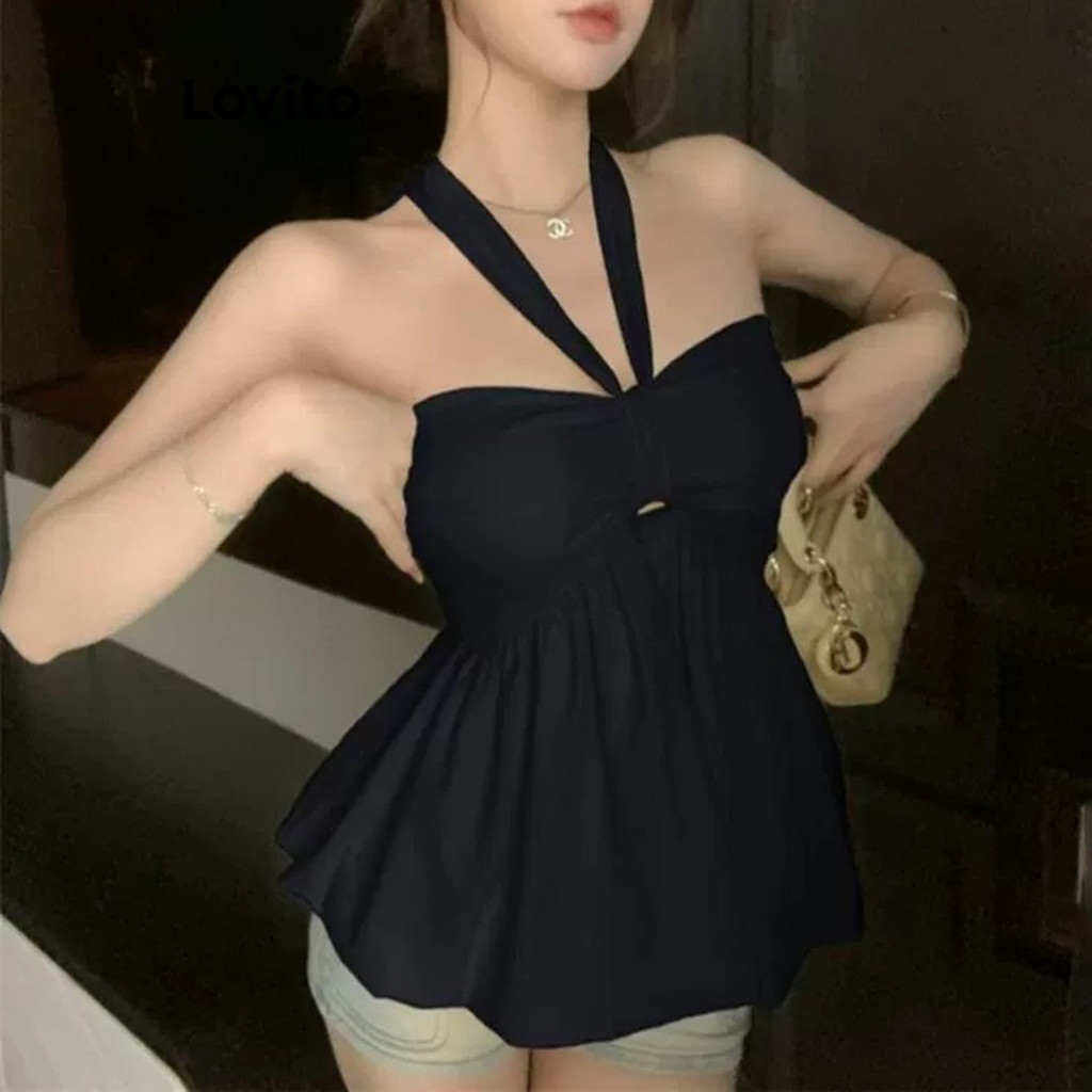 Detalhes do Lovito Regata Feminina Elegante Ombro Frio Babados Lisos Laço Bainha LNE65146
