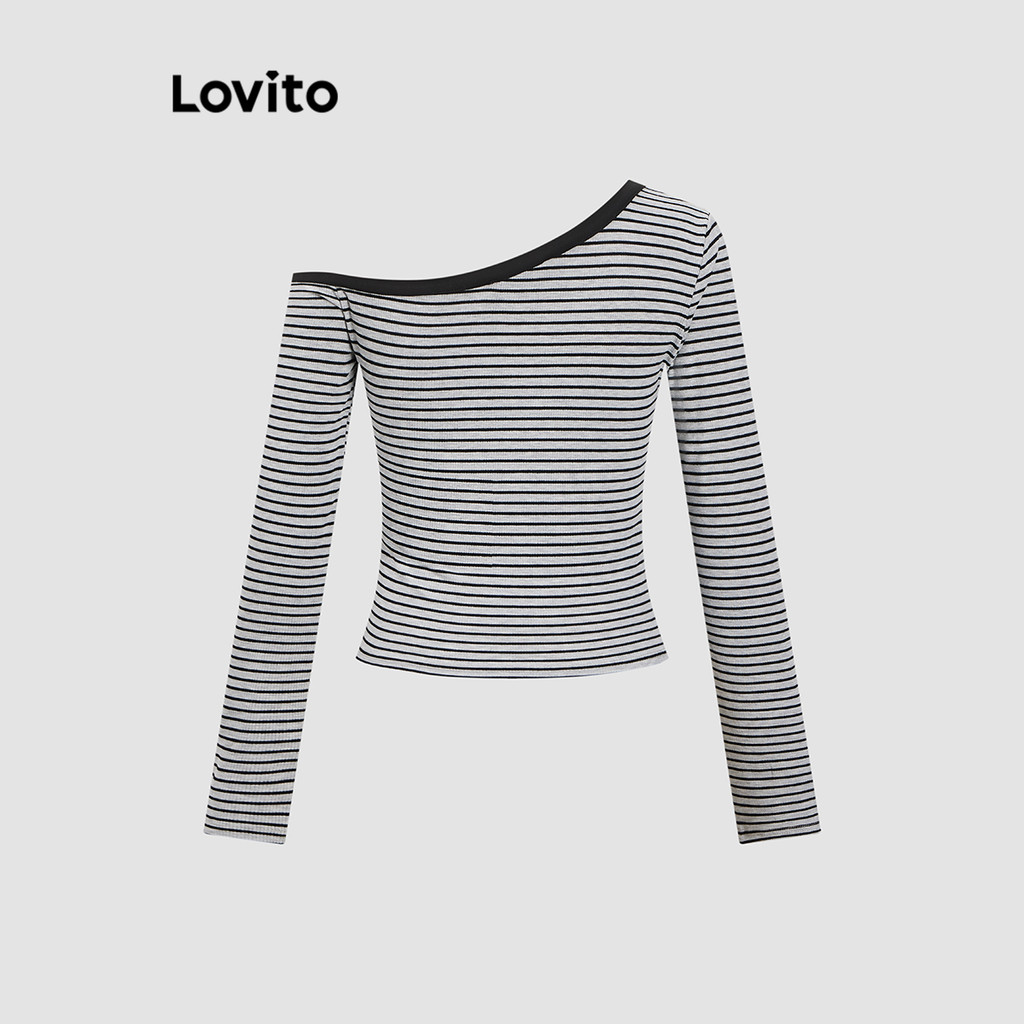 Detalhes do Lovito Camiseta Casual Listrada Colorblock Ombro Frio Camiseta De Verão Para Mulheres L110AD1497