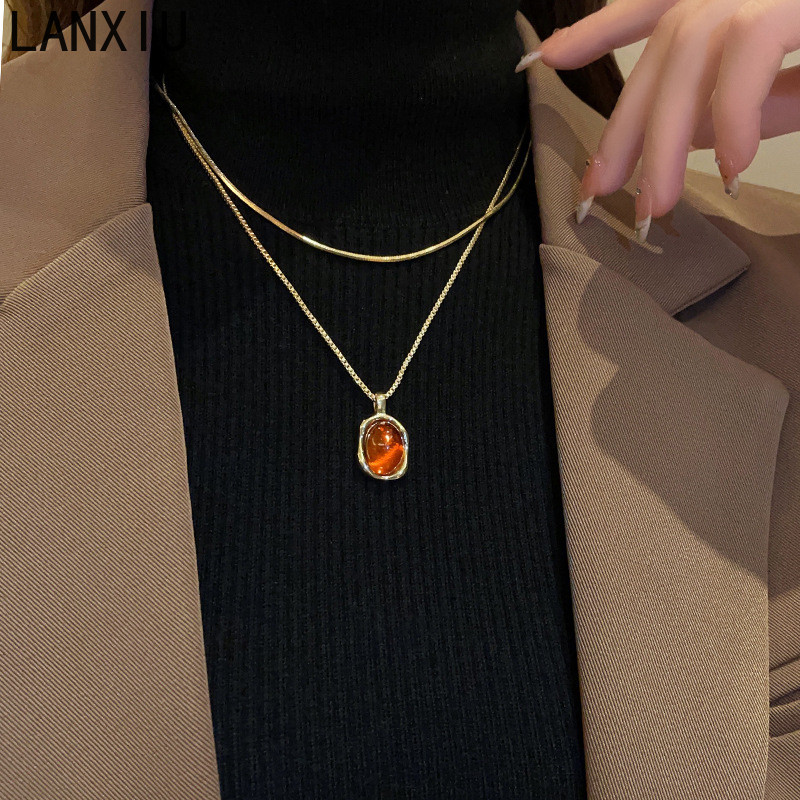 LANXIU Geométrico Âmbar Pingente Colar Dupla Camada Boêmio Minimalista Jóias Feminino Uso Diário Presente De Férias
