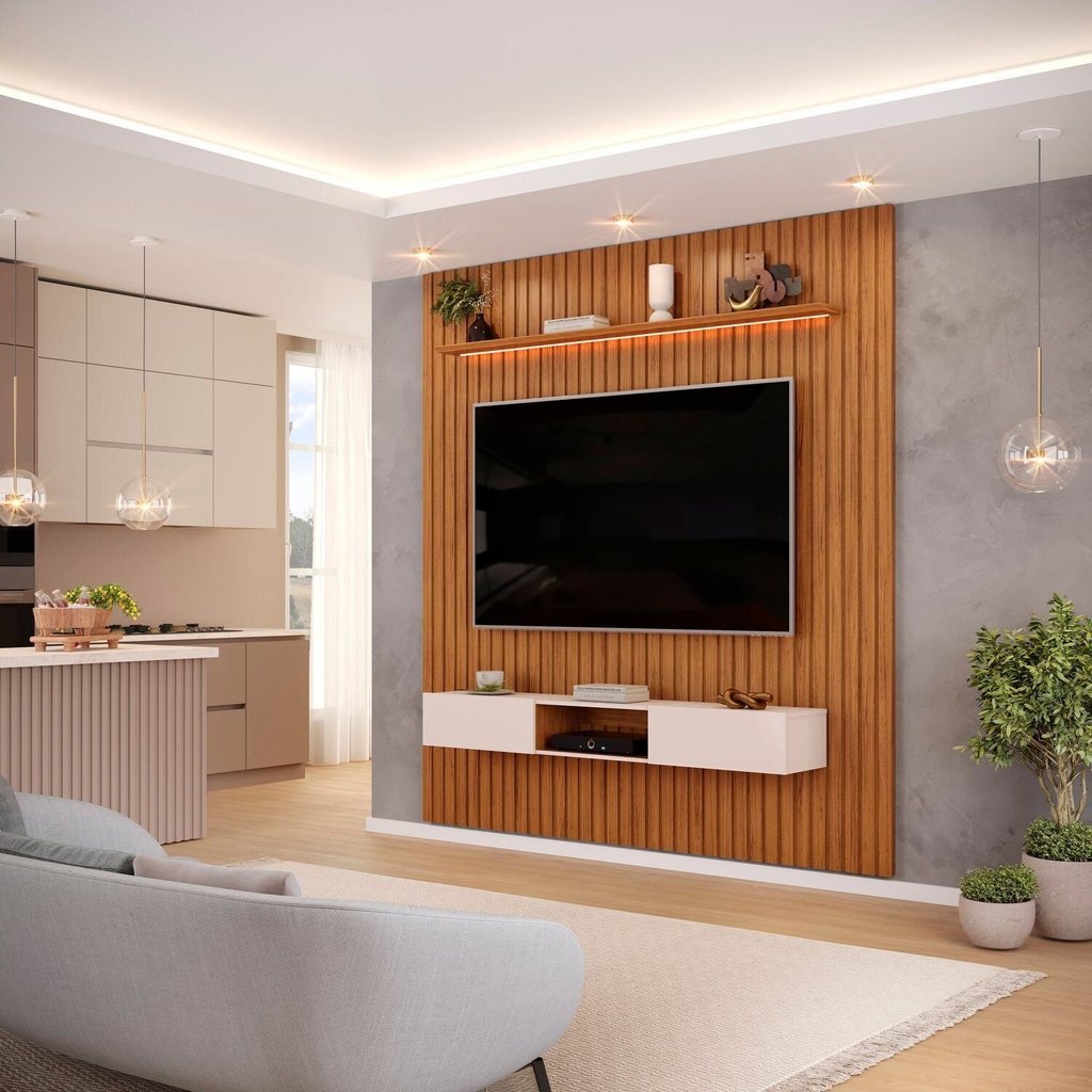 Painel Ripado para TV até 60 Polegadas com MDF 223cmx240cm Led Trento Marrom Freijó/Off White Freijó/Off White
