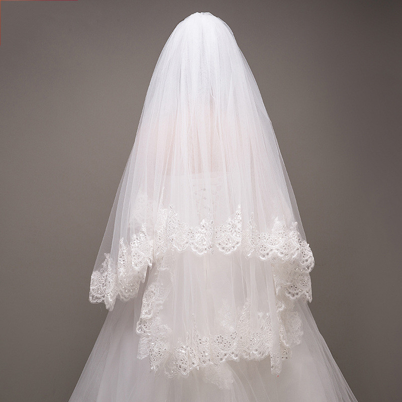 Novo estilo véu de casamento dupla camada pente de cabelo requintado lantejoulas renda véu foto estúdio noiva foto estil
