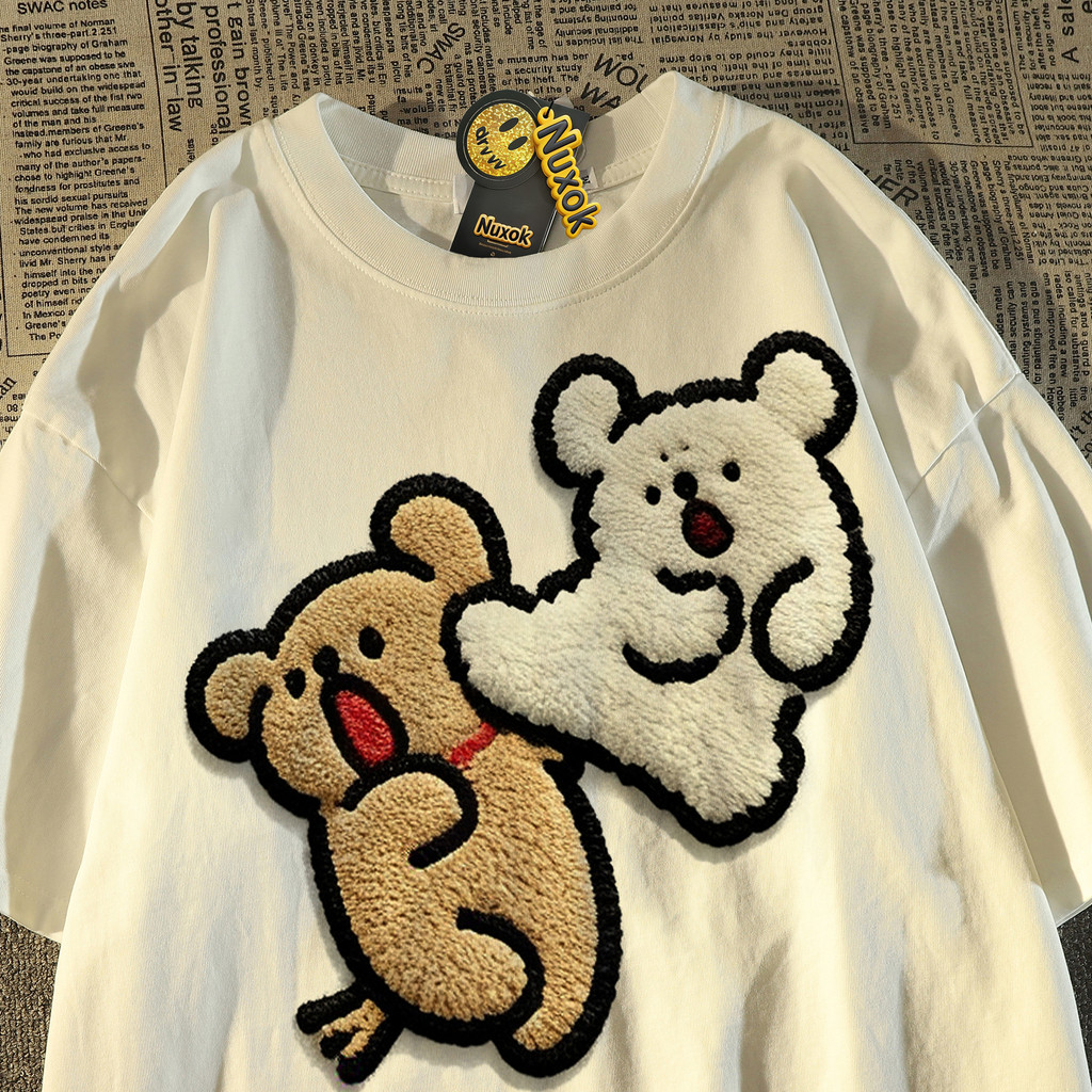 Japonês Retro imitação bordado filhote de cachorro impresso puro algodão de manga curta camiseta feminino masculino verã