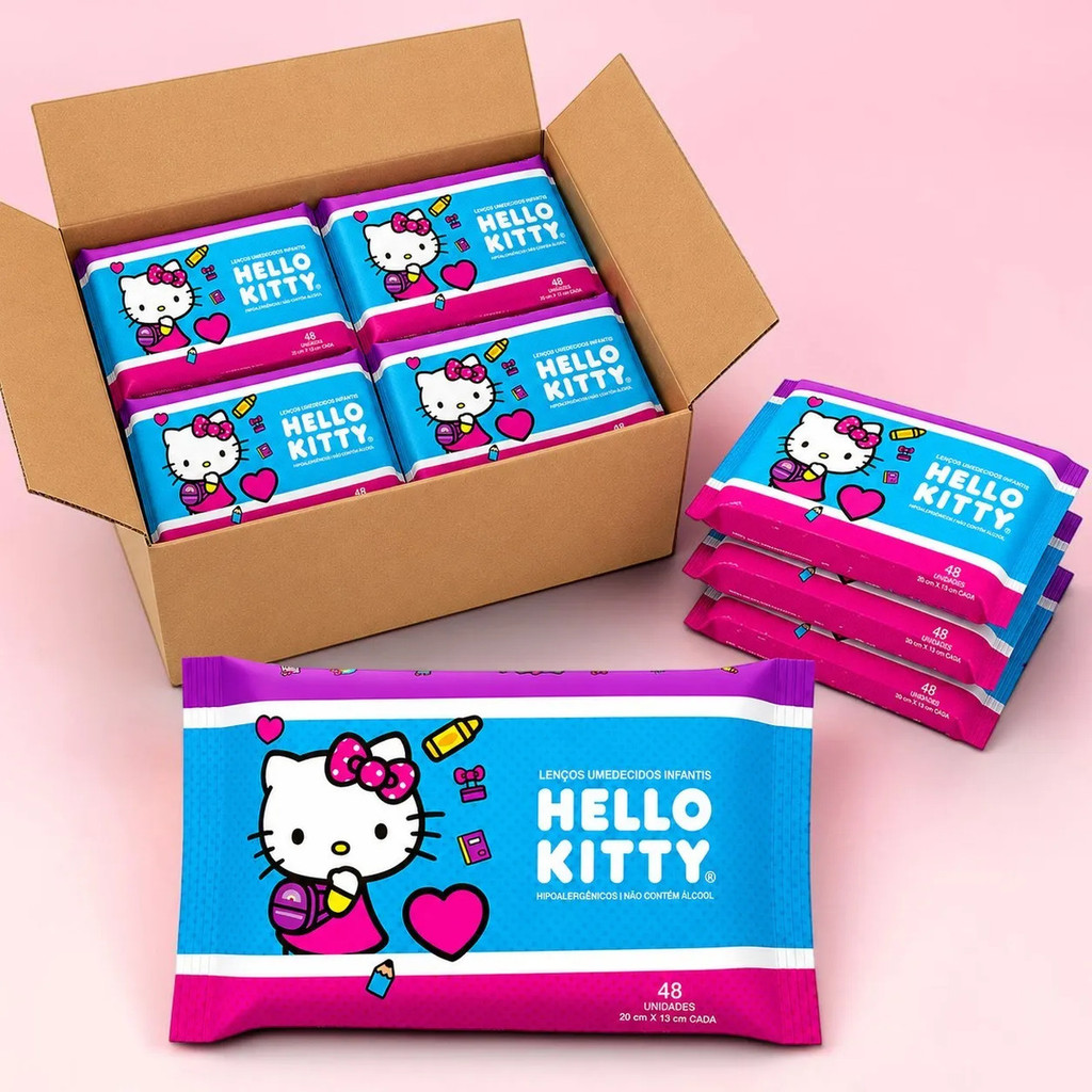 Caixa Lenço Toalha Umedecida Hello Kitty Kit Mimo Bebe 48 Folhas 10 Pacotes Atacado Promoção