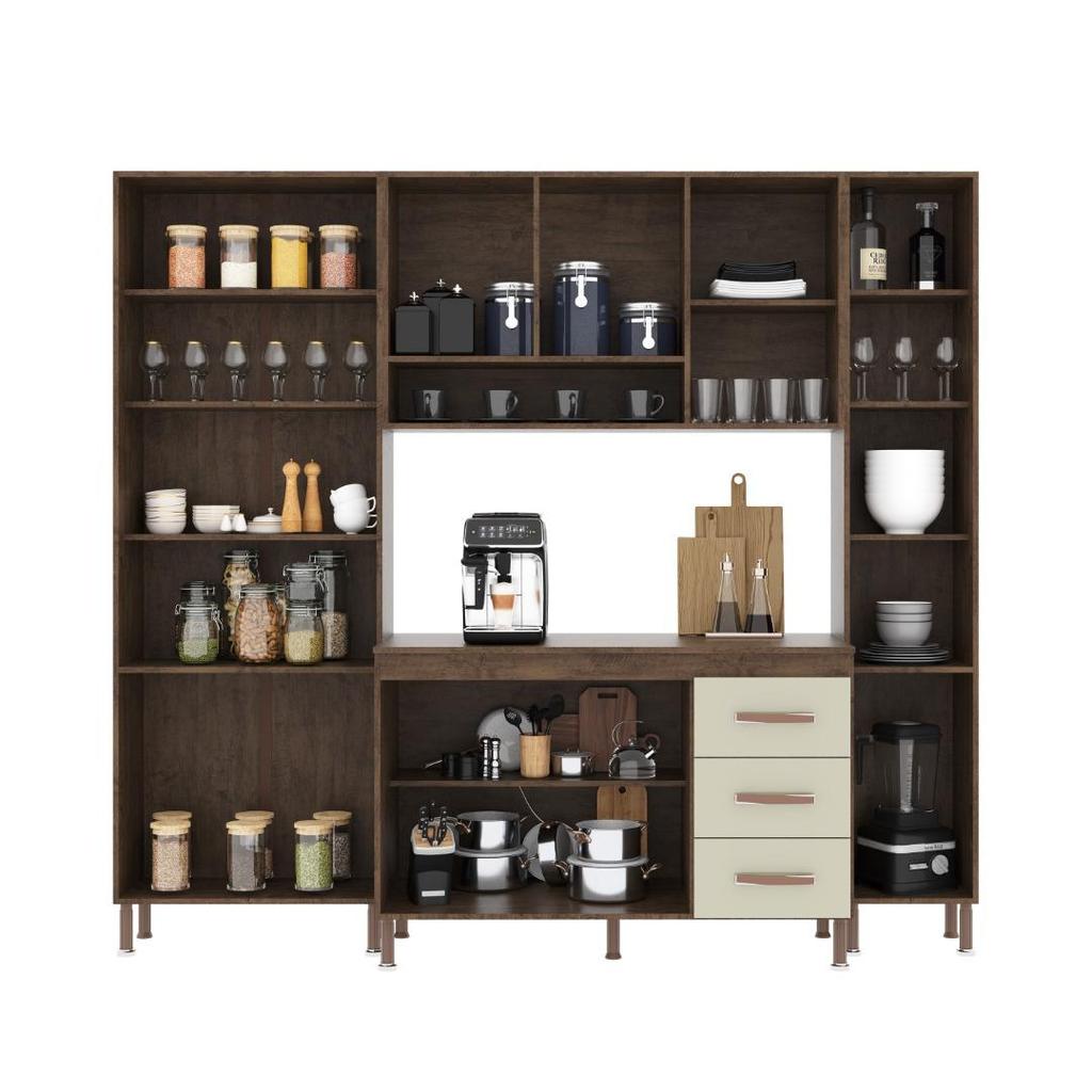Cozinha Modulada Compacta Fidelitá Lisboa 4 Peças 225cm 11 Portas 3 Gavetas Com Tampo Noce/Off-White · foto 2